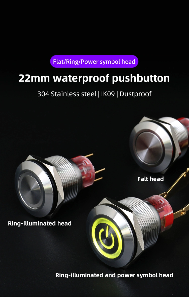 Flat Round Head IP67 Waterproof Ring LED Metal Push Button 25mm Momentary Switch