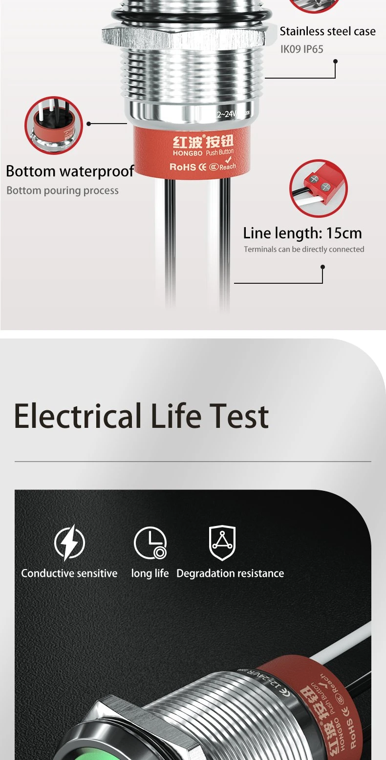 High Quality 10AMP 12V Two Normally Open Ring Illumination Momentary Push Button 25mm Switch IP67