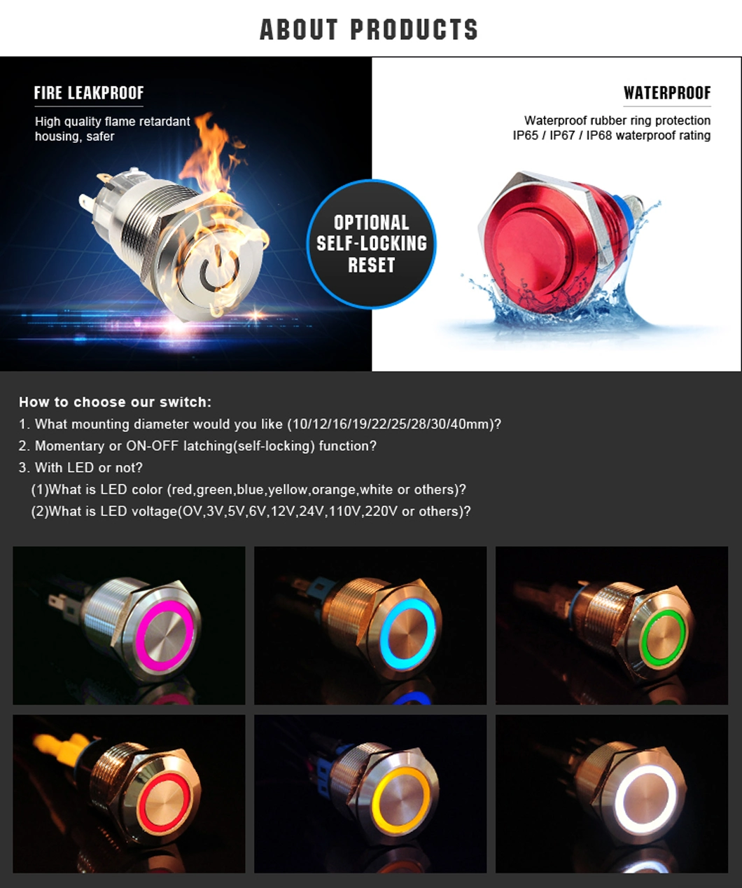 8mm 10mm 12mm 16mm 19mm 22mm 30mm 40mm Waterproof IP67 12V LED Illuminated Momentary Metal on off Stainless Steel Push Button Switch Manufacturer