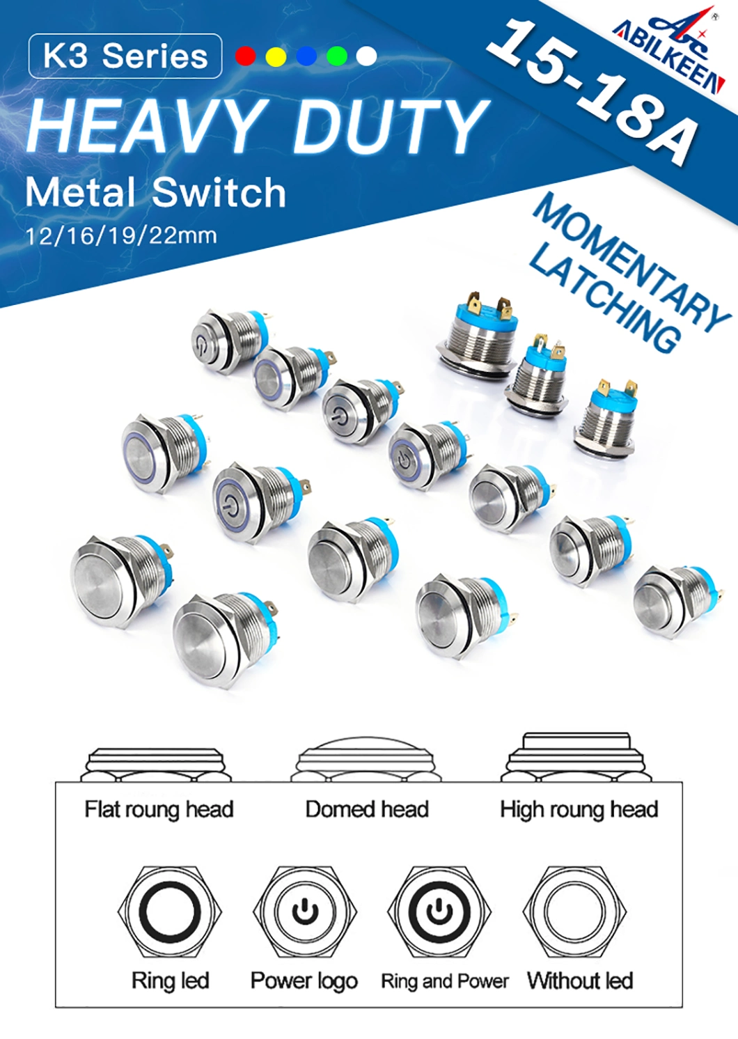 DC 12 Volt Heavy Duty Metal 12V 18A Waterproof Round Switch 16/19/22/25/28/30mm Metal Blue LED Ring Illuminated on/off Pushbutton with Wire for Marine