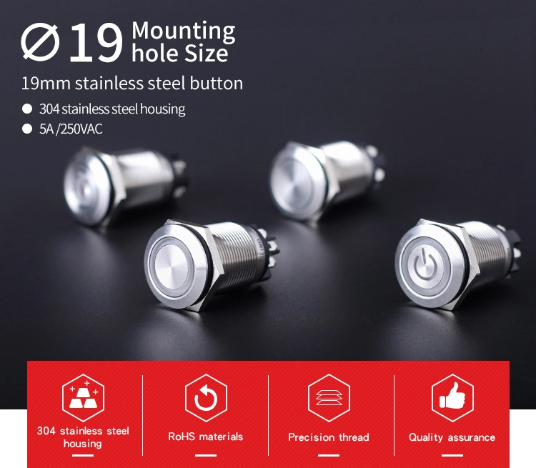 25mm Flat Round Power Ring Illuminated Stainless Steel IP65 Waterproof Metal Push Buttons Switch with LED Light